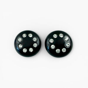 Vintage Black Bakelite Rhinestone Earrings, Art Deco Button Clips, Mid Century